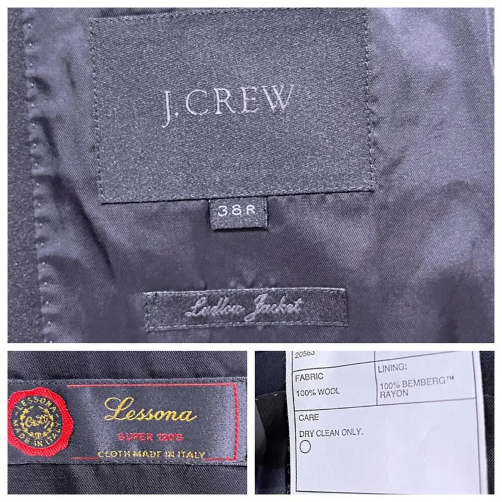 J CREW Peak Lapel Ludlow Jacket Black Super 120s Wool Mens 38R 38 Regular